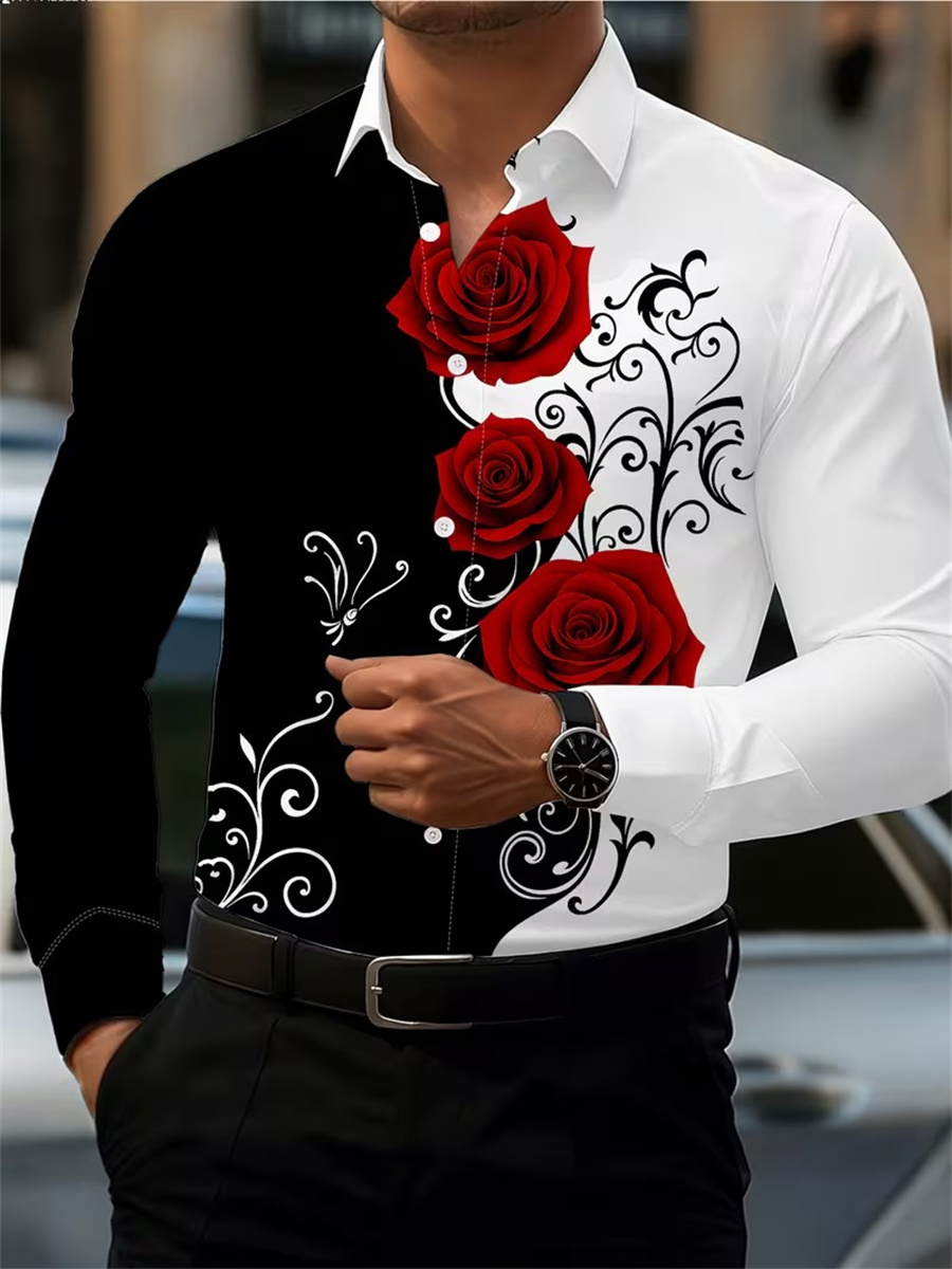 Men'S Fashion Outfits - Men's Red Rose Print Long-Sleeve Shirt,