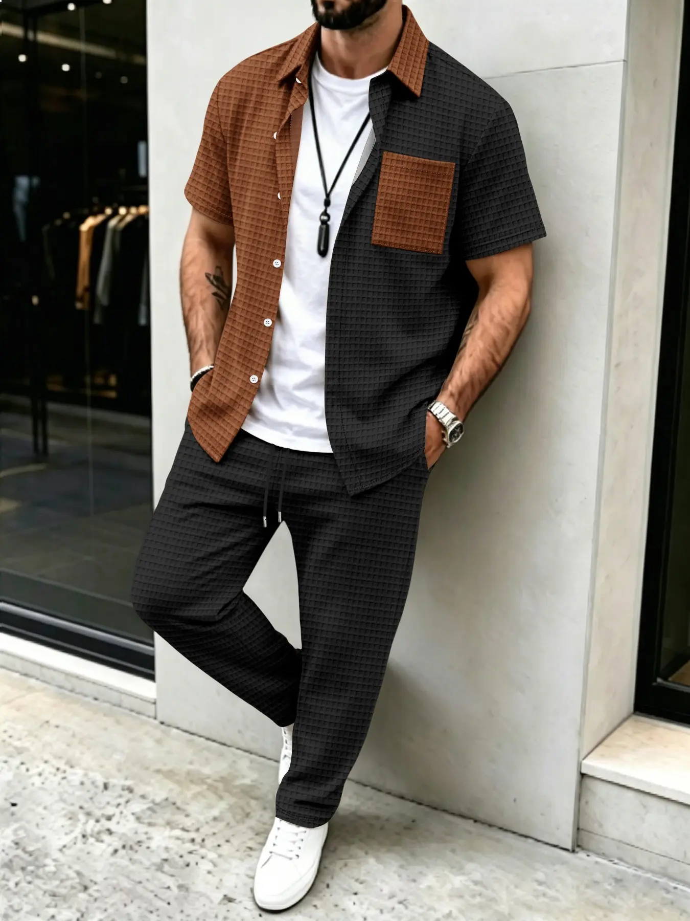 Men's Solid Waffle Pattern Cas - огляд і ціна Men'S Spring Fashion