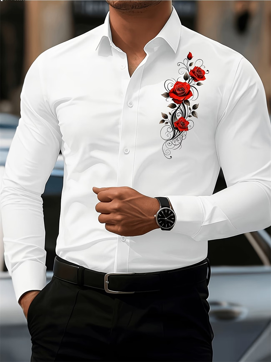 Men's Red Rose Print Long-Slee - огляд і ціна Men'S Fashion Outfits