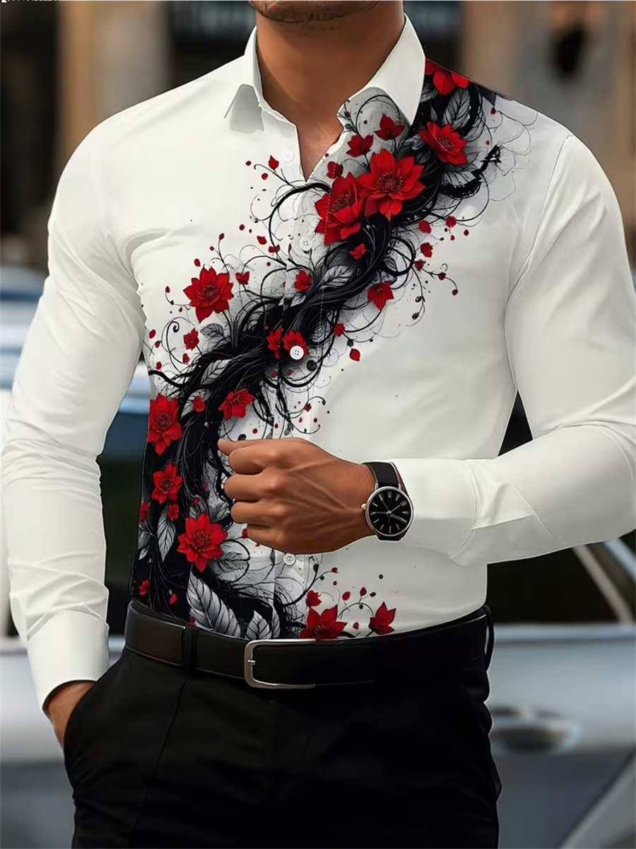 Men's Red Rose Print Long-Slee - огляд і ціна Men'S Fashion Outfits